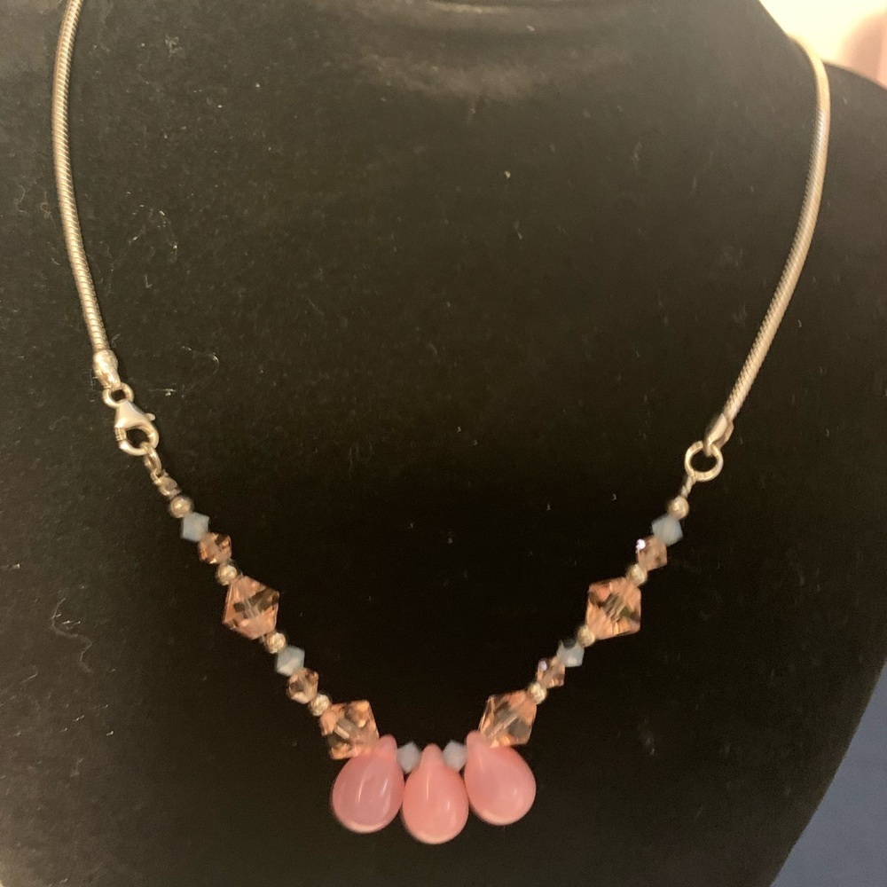 Stamped 925 Sterling Silver Necklace with Glass and Pink Crystal Beads